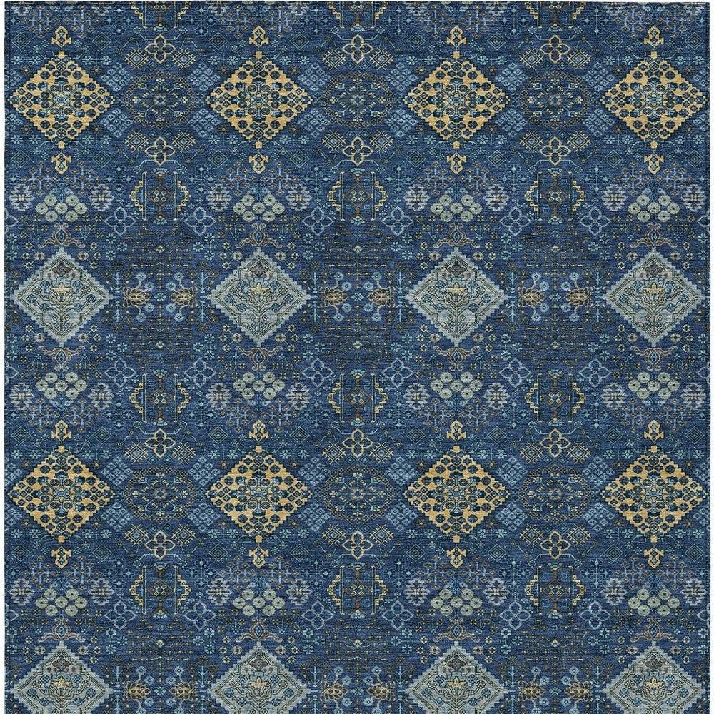 HomeRoots Geometric Polyester Area Rug Washable Indoor Outdoor Low Pile Navy Gold Modern Style 8' x 10' 726548