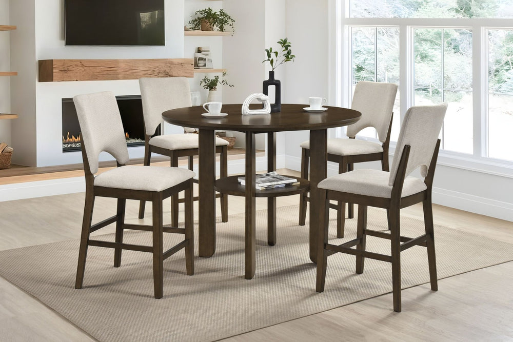 English Elm Contemporary Round Oak Veneer Counter Height Dining Set with Upholstered Seating B011S02503
