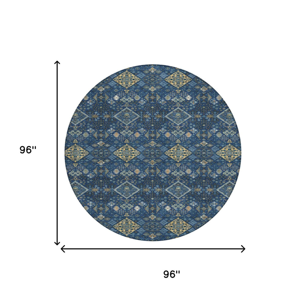 8 Foot Round Geometric Polyester Area Rug in Navy and Gold for Patio or Entryway