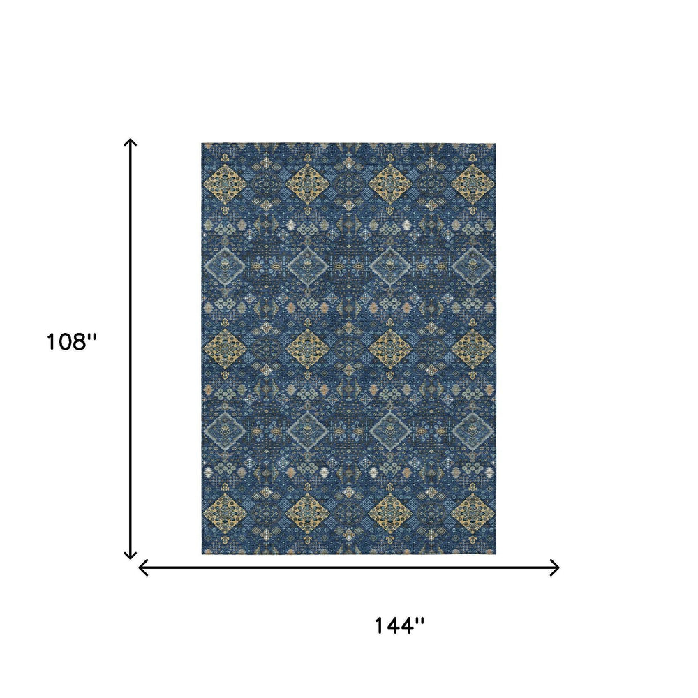 9x12 Navy Gold Geometric Polyester Area Rug Washable Indoor Outdoor Living