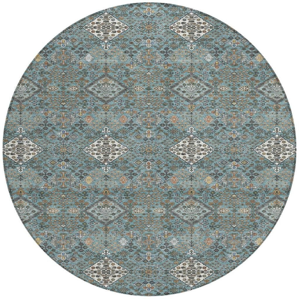 8 Foot Round Geometric Polyester Rug Washable Indoor Outdoor Teal Ivory Pattern