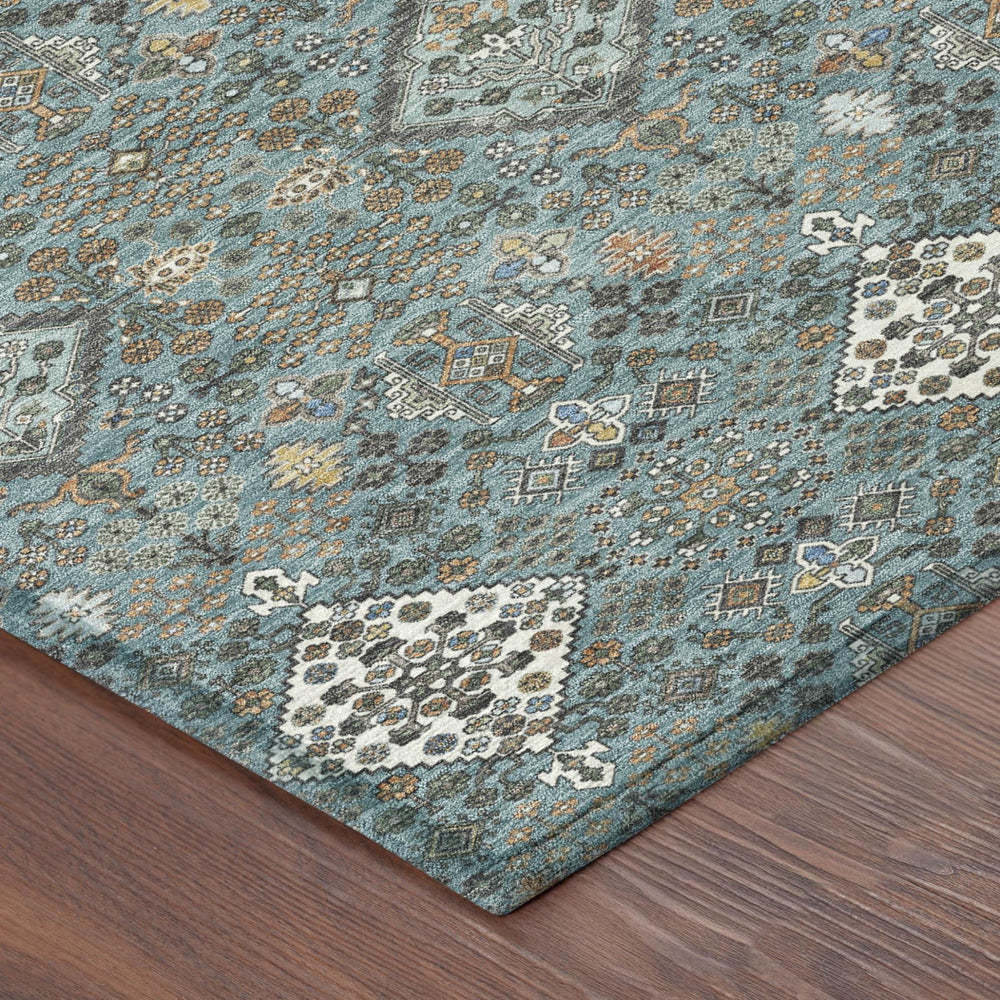 8 Foot Round Geometric Polyester Rug Washable Indoor Outdoor Teal Ivory Pattern