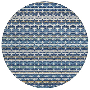 8 Foot Round Damask Polyester Area Rug Washable Navy Indoor Outdoor Patio