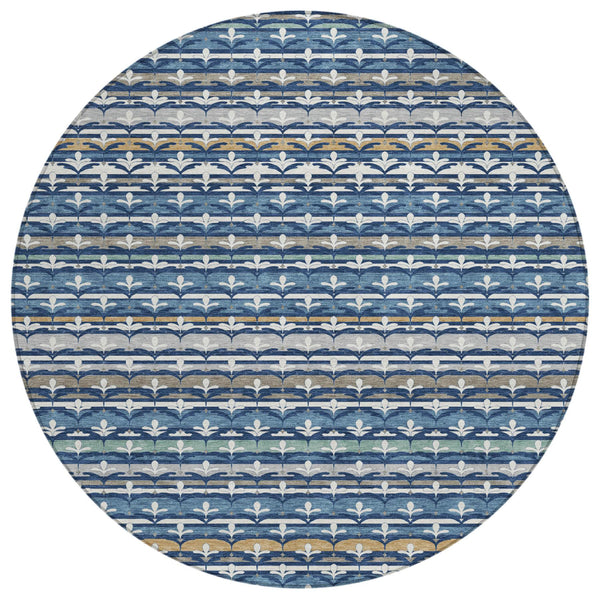 8 Foot Round Damask Polyester Area Rug Washable Navy Indoor Outdoor Patio
