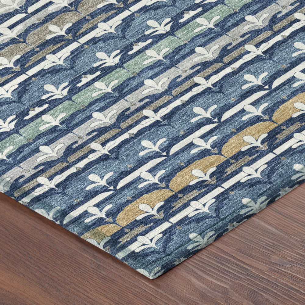 8 Foot Round Damask Polyester Area Rug Washable Navy Indoor Outdoor Patio