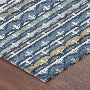 8 Foot Round Damask Polyester Area Rug Washable Navy Indoor Outdoor Patio