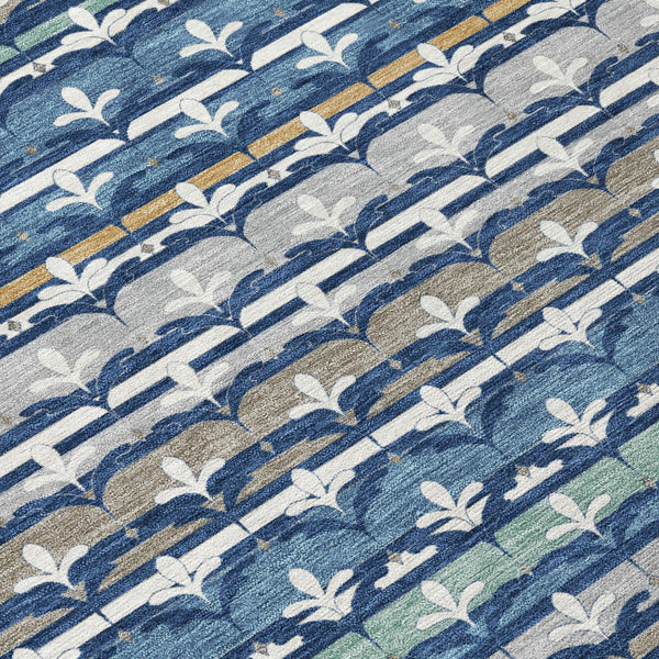 8 Foot Round Damask Polyester Area Rug Washable Navy Indoor Outdoor Patio