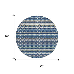 8 Foot Round Damask Polyester Area Rug Washable Navy Indoor Outdoor Patio