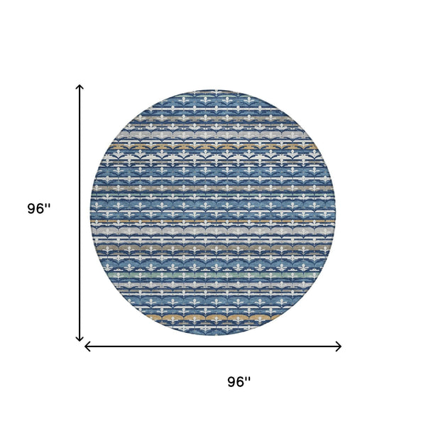 8 Foot Round Damask Polyester Area Rug Washable Navy Indoor Outdoor Patio