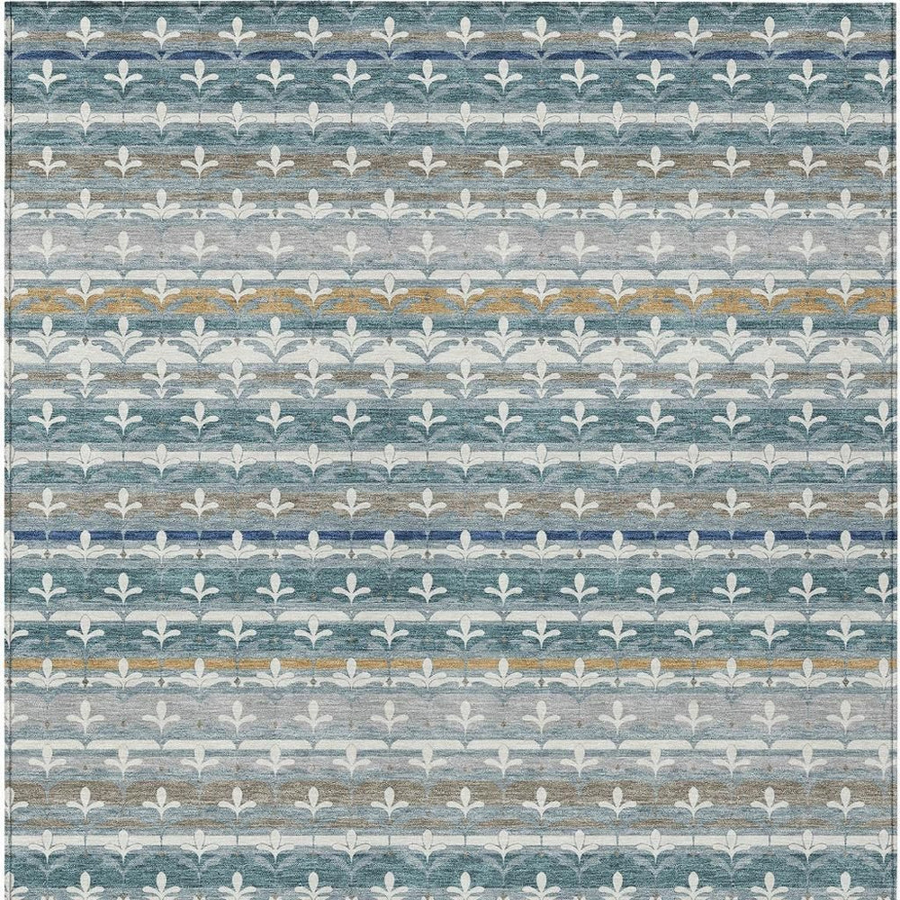 HomeRoots 5 X 8 Damask Washable Polyester Area Rug in Teal Ivory for Indoor Outdoor Use 726672