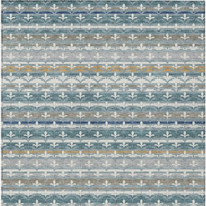 5 X 8 Damask Washable Polyester Area Rug in Teal Ivory for Indoor Outdoor Use
