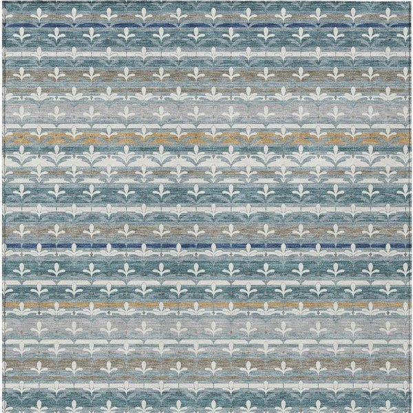 5 X 8 Damask Washable Polyester Area Rug in Teal Ivory for Indoor Outdoor Use