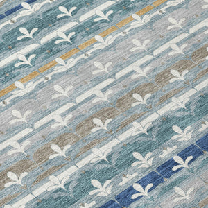 5 X 8 Damask Washable Polyester Area Rug in Teal Ivory for Indoor Outdoor Use