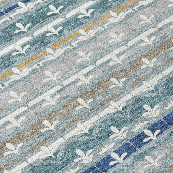 5 X 8 Damask Washable Polyester Area Rug in Teal Ivory for Indoor Outdoor Use
