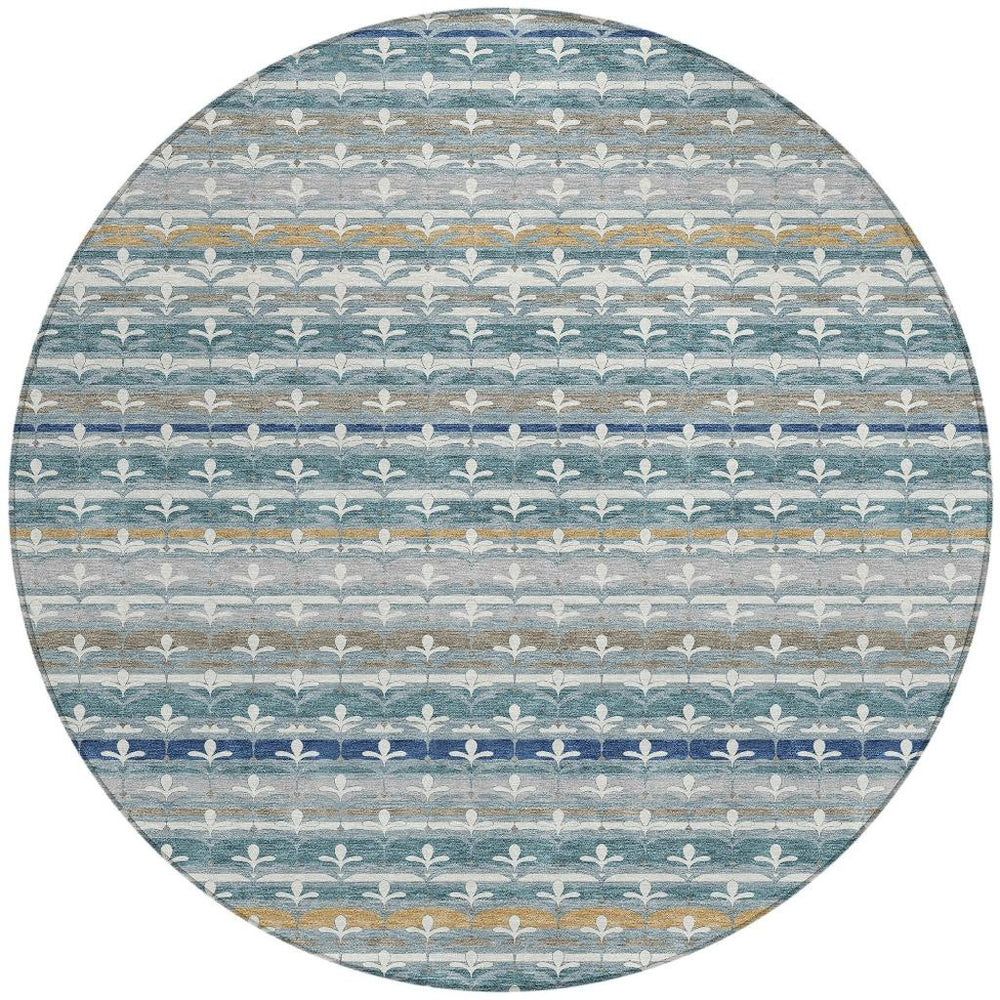 8 Ft Round Damask Washable Polyester Rug for Indoor Outdoor Patios and Living Spaces