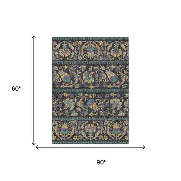 Floral Polyester Area Rug Machine Washable Indoor Outdoor Low Pile for Patio or Living Room