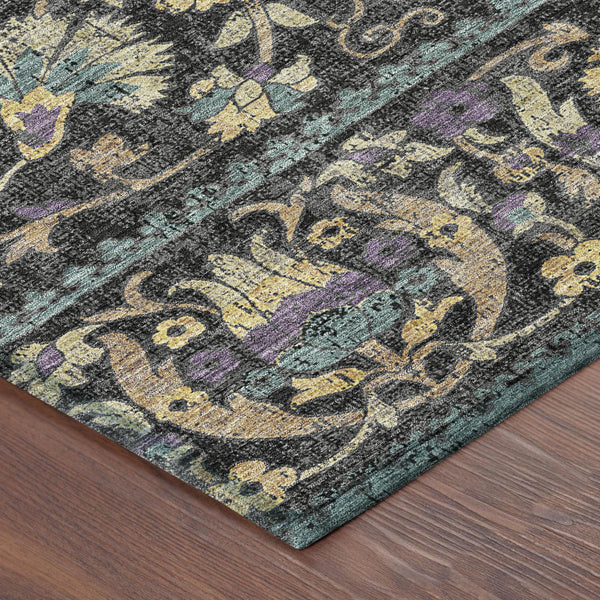 Floral Polyester Area Rug Machine Washable Indoor Outdoor Low Pile for Patio or Living Room