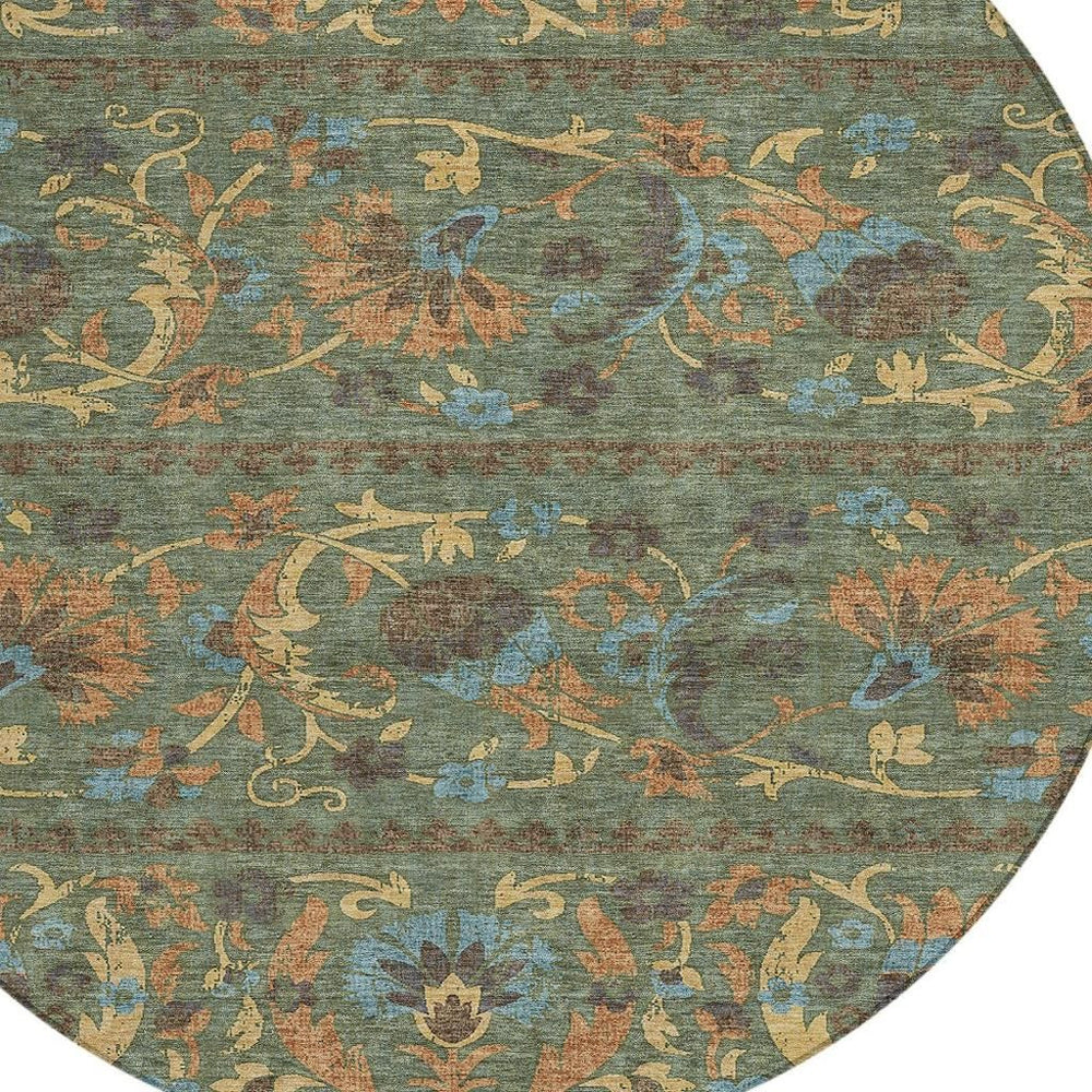 HomeRoots 8 Foot Round Floral Polyester Area Rug Washable Indoor Outdoor Patio Green Copper 726685