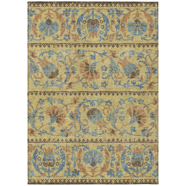 Floral Polyester Area Rug Washable Indoor Outdoor Teal Gold for Patios and Living Rooms