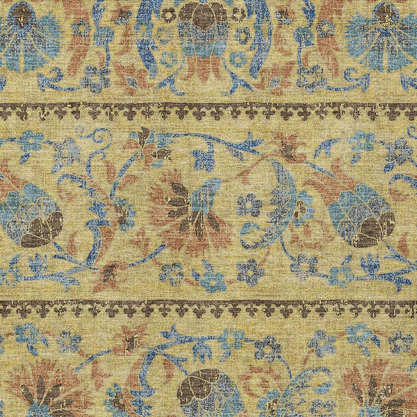 Floral Polyester Area Rug Washable Indoor Outdoor Teal Gold for Patios and Living Rooms