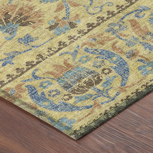 Floral Polyester Area Rug Washable Indoor Outdoor Teal Gold for Patios and Living Rooms