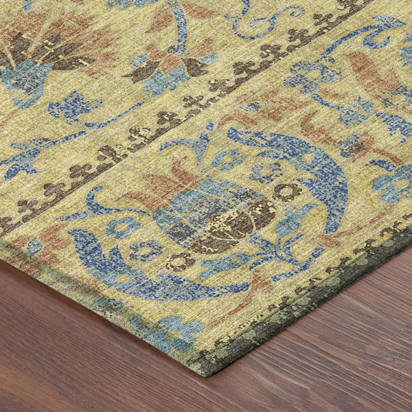 Floral Polyester Area Rug Washable Indoor Outdoor Teal Gold for Patios and Living Rooms