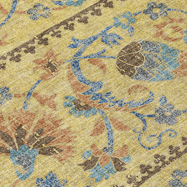Floral Polyester Area Rug Washable Indoor Outdoor Teal Gold for Patios and Living Rooms