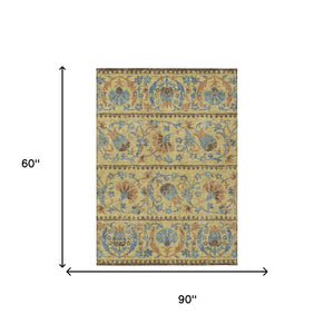Floral Polyester Area Rug Washable Indoor Outdoor Teal Gold for Patios and Living Rooms