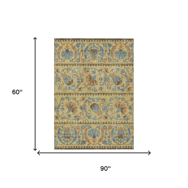 Floral Polyester Area Rug Washable Indoor Outdoor Teal Gold for Patios and Living Rooms