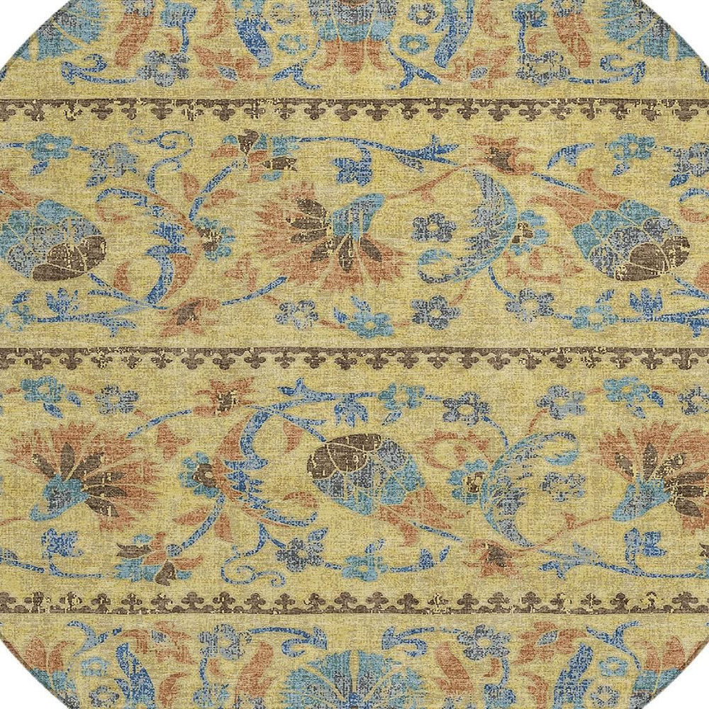 HomeRoots 8' Round Floral Polyester Rug Washable Indoor Outdoor Patio Foyer Low Pile 726697