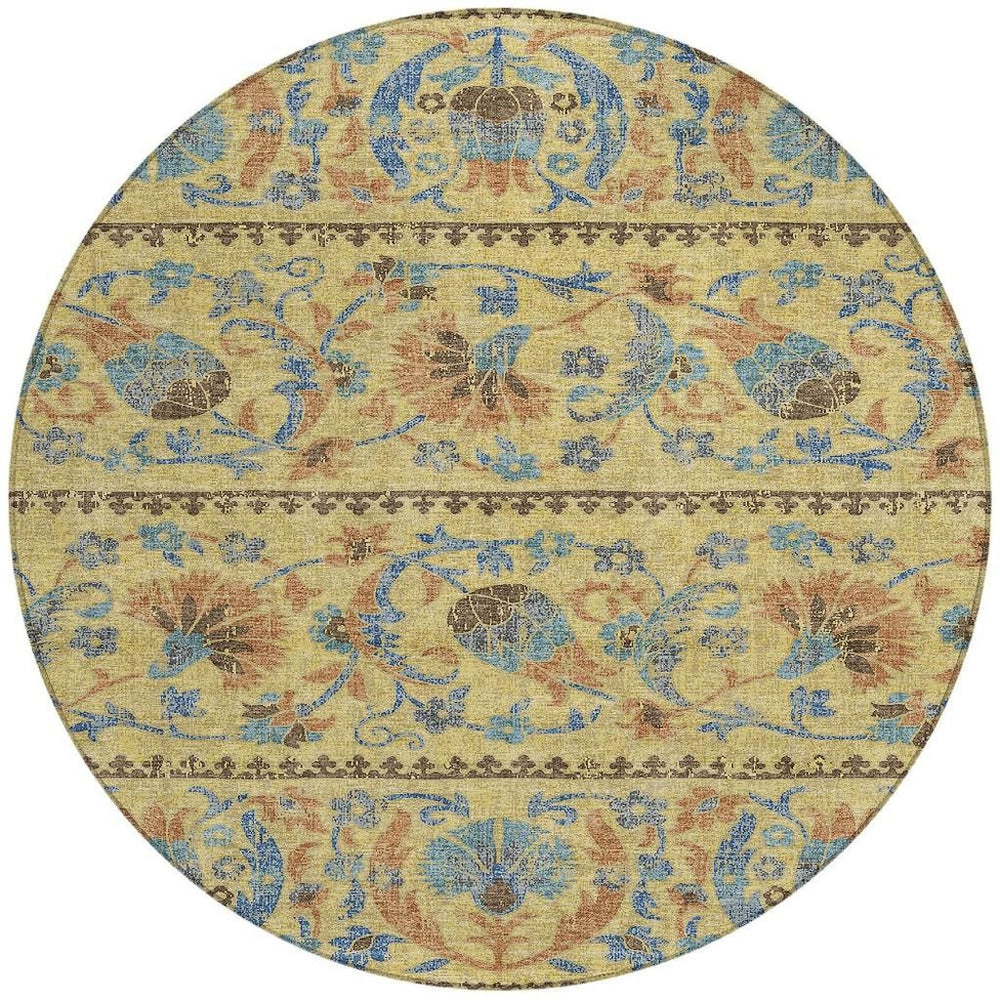 HomeRoots 8' Round Floral Polyester Rug Washable Indoor Outdoor Patio Foyer Low Pile 726697