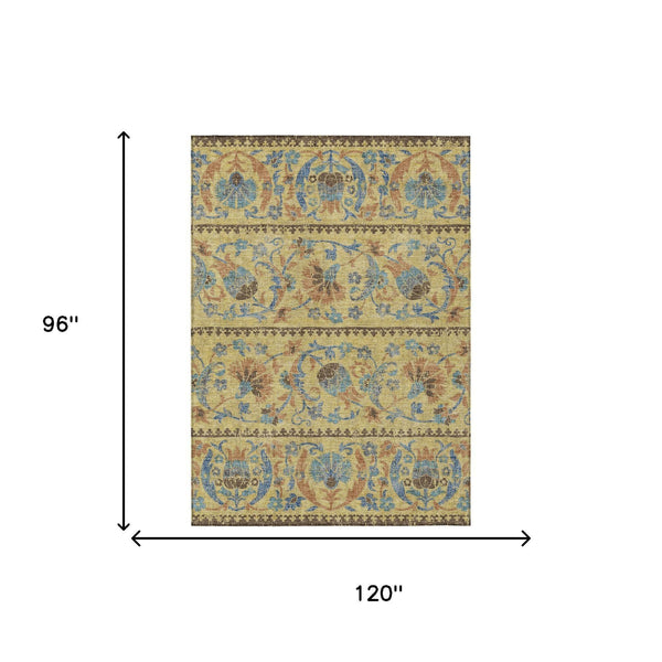 Floral Polyester Area Rug Washable Indoor Outdoor Teal Gold for Patios and Living Rooms