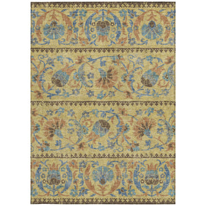 Floral Polyester Area Rug Washable Indoor Outdoor Teal Gold for Patios and Living Rooms