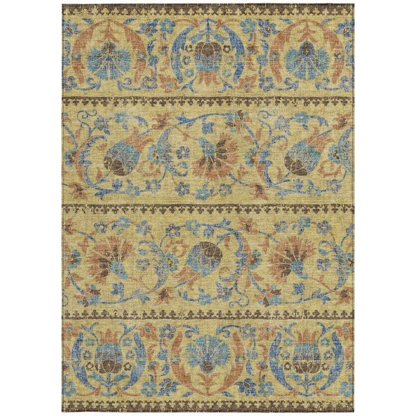 Floral Polyester Area Rug Washable Indoor Outdoor Teal Gold for Patios and Living Rooms