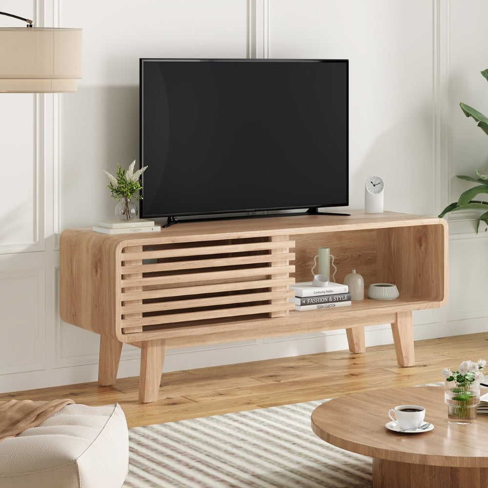 English Elm Tv Stand Mid Century Modern Console with Sliding Door Cabinet Open Shelving Living Room Natural T3623P435367
