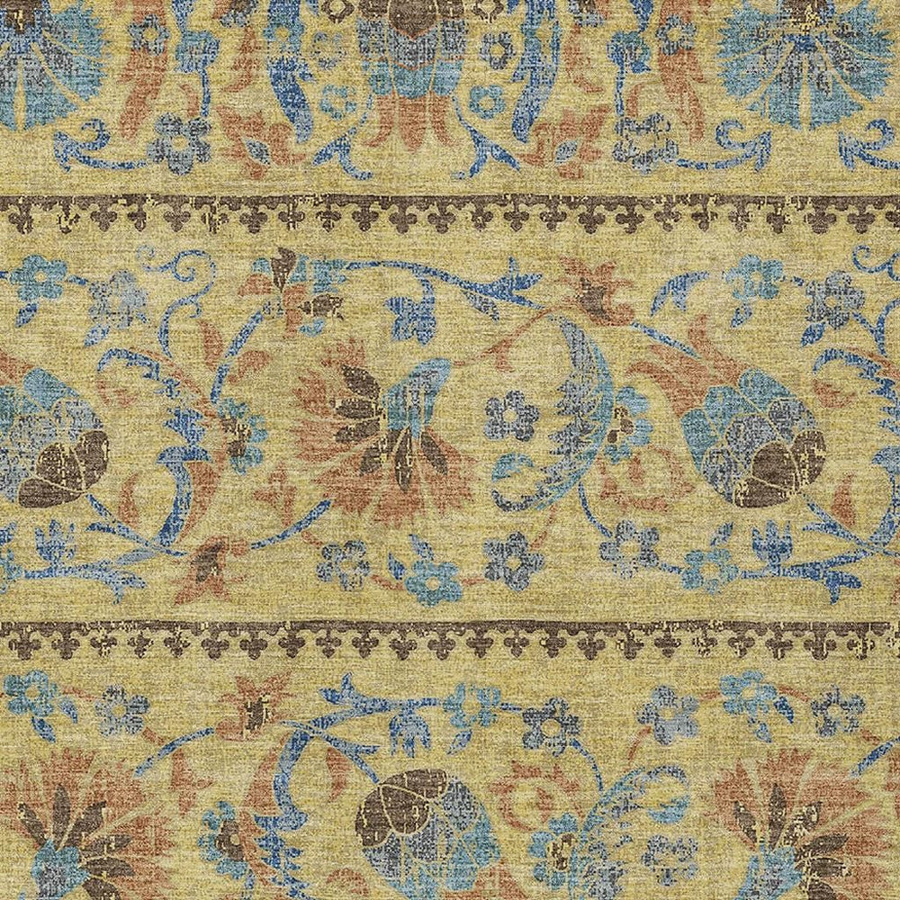 HomeRoots Floral Polyester Area Rug Washable Indoor Outdoor Teal Gold for Patios and Living Rooms 10' x 14' 726700