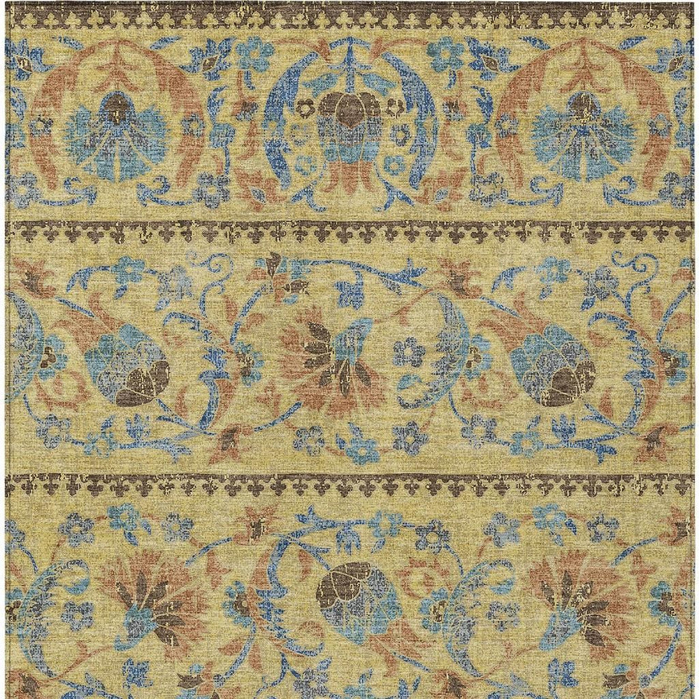HomeRoots Floral Polyester Area Rug Washable Indoor Outdoor Teal Gold for Patios and Living Rooms 10' x 14' 726700