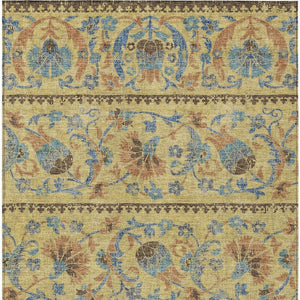 Floral Polyester Area Rug Washable Indoor Outdoor Teal Gold for Patios and Living Rooms