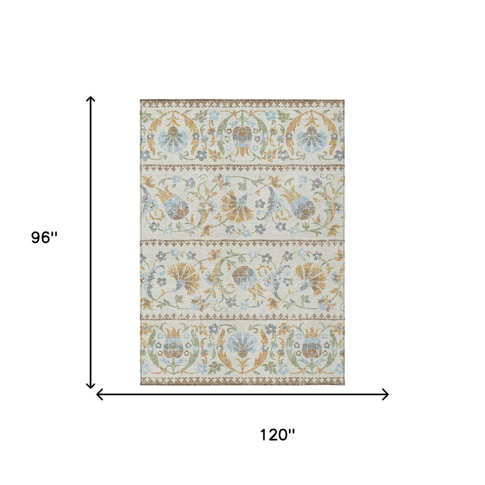 8x10 Ivory Beige Floral Polyester Area Rug Washable for Indoor Outdoor Spaces