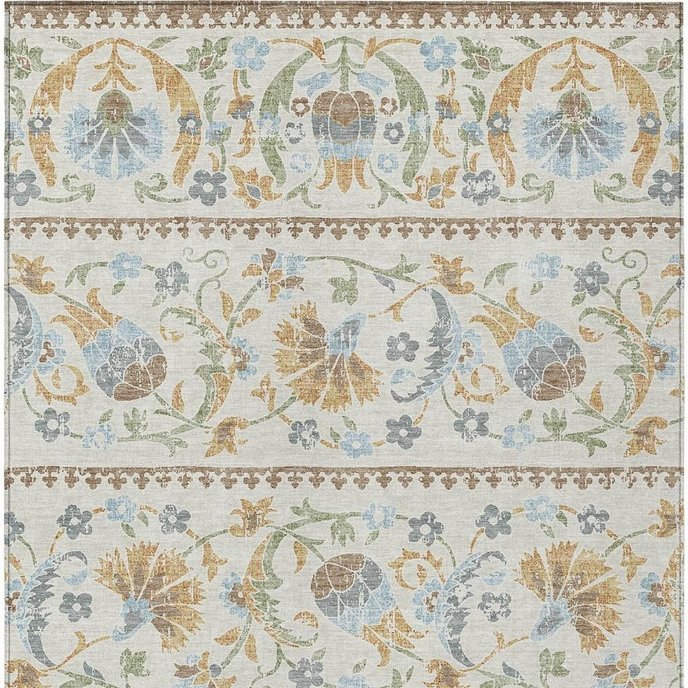 9x12 Ivory Beige Floral Polyester Washable Rug for Indoor Outdoor Living