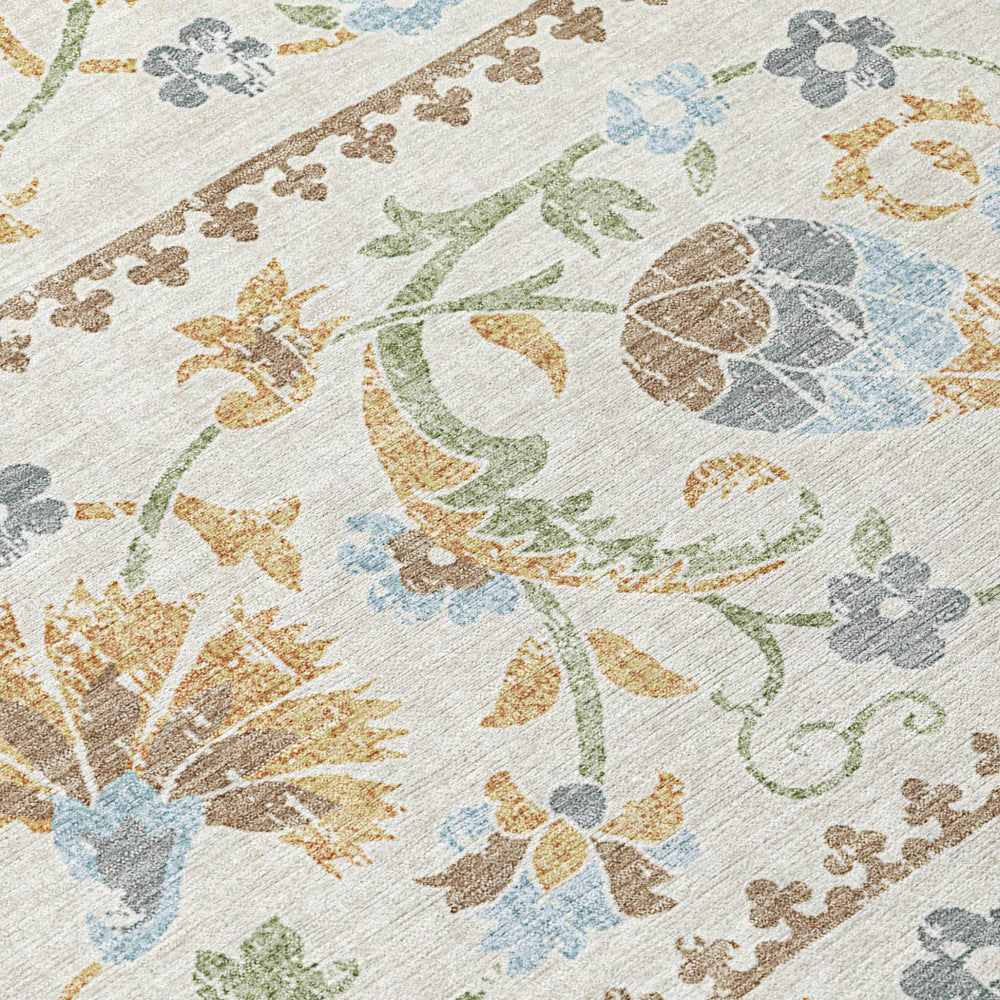10 X 14 Floral Polyester Area Rug Washable Ivory Beige Indoor Outdoor Patio
