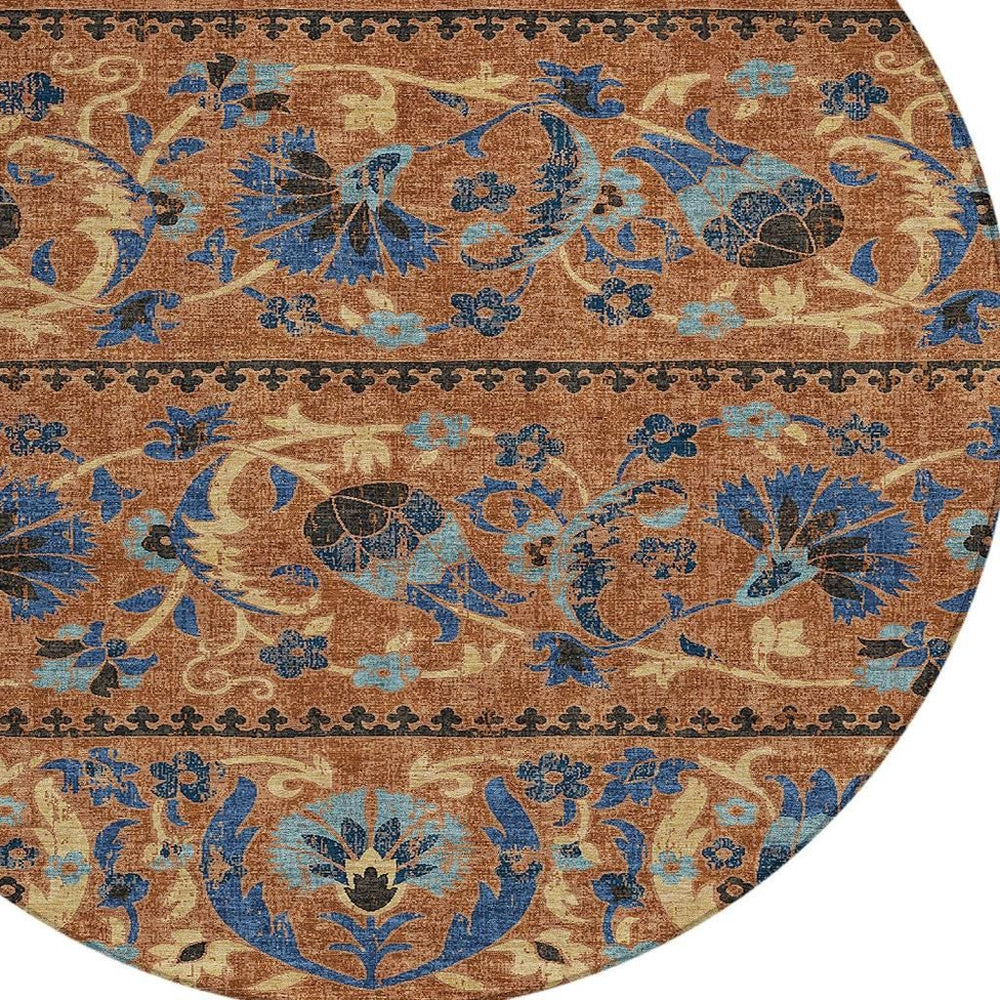 HomeRoots 8 Foot Round Floral Polyester Area Rug Washable for Indoor Outdoor Patios 726709