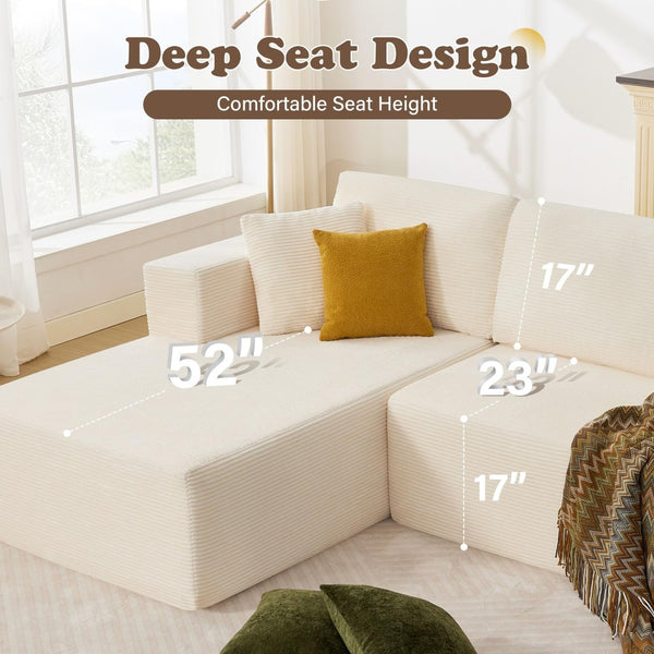 English Elm 109" Cloud Modular Sectional Corduroy Sofa Deep Seat L-shape Chaise for Living Room Beige W1521S00089