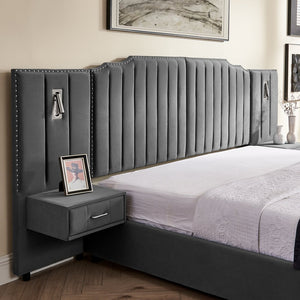 English Elm Queen Velvet Platform Bed with Tufted Headboard Integrated Nightstands and Striped Design Gray W487S00443