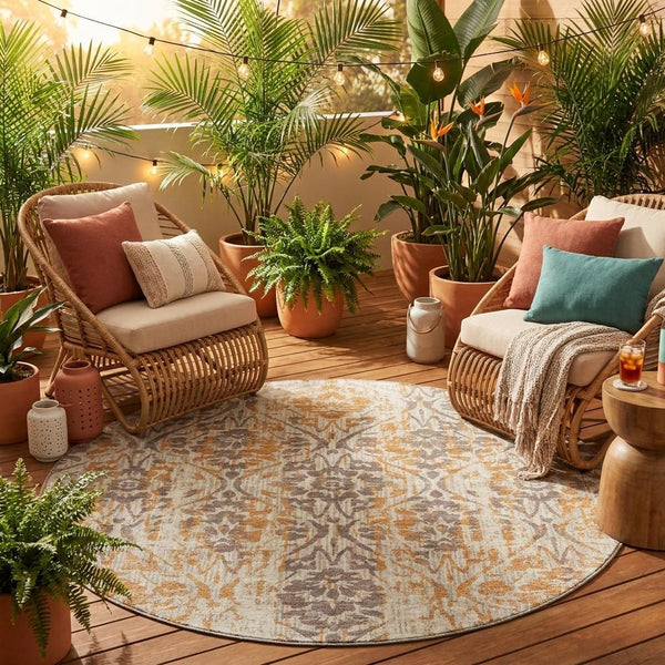 8 Ft Round Damask Polyester Indoor Outdoor Rug Machine Washable Patio Decor