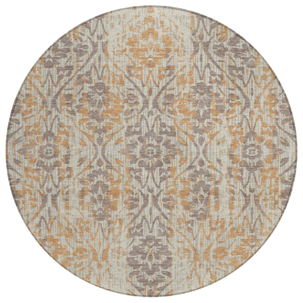 HomeRoots 8 Ft Round Damask Polyester Indoor Outdoor Rug Machine Washable Patio Decor 726775