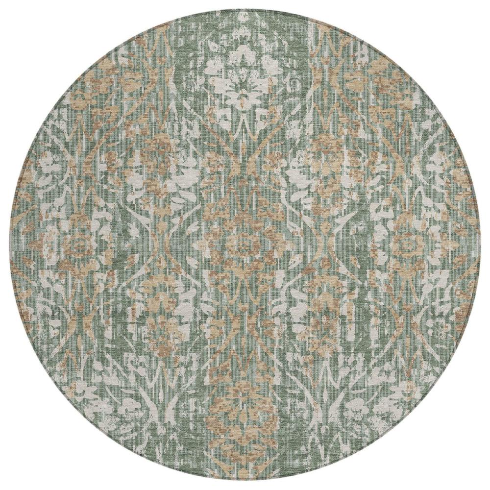HomeRoots 8 Foot Round Damask Polyester Rug Washable Indoor Outdoor Green Sage Pattern 726787
