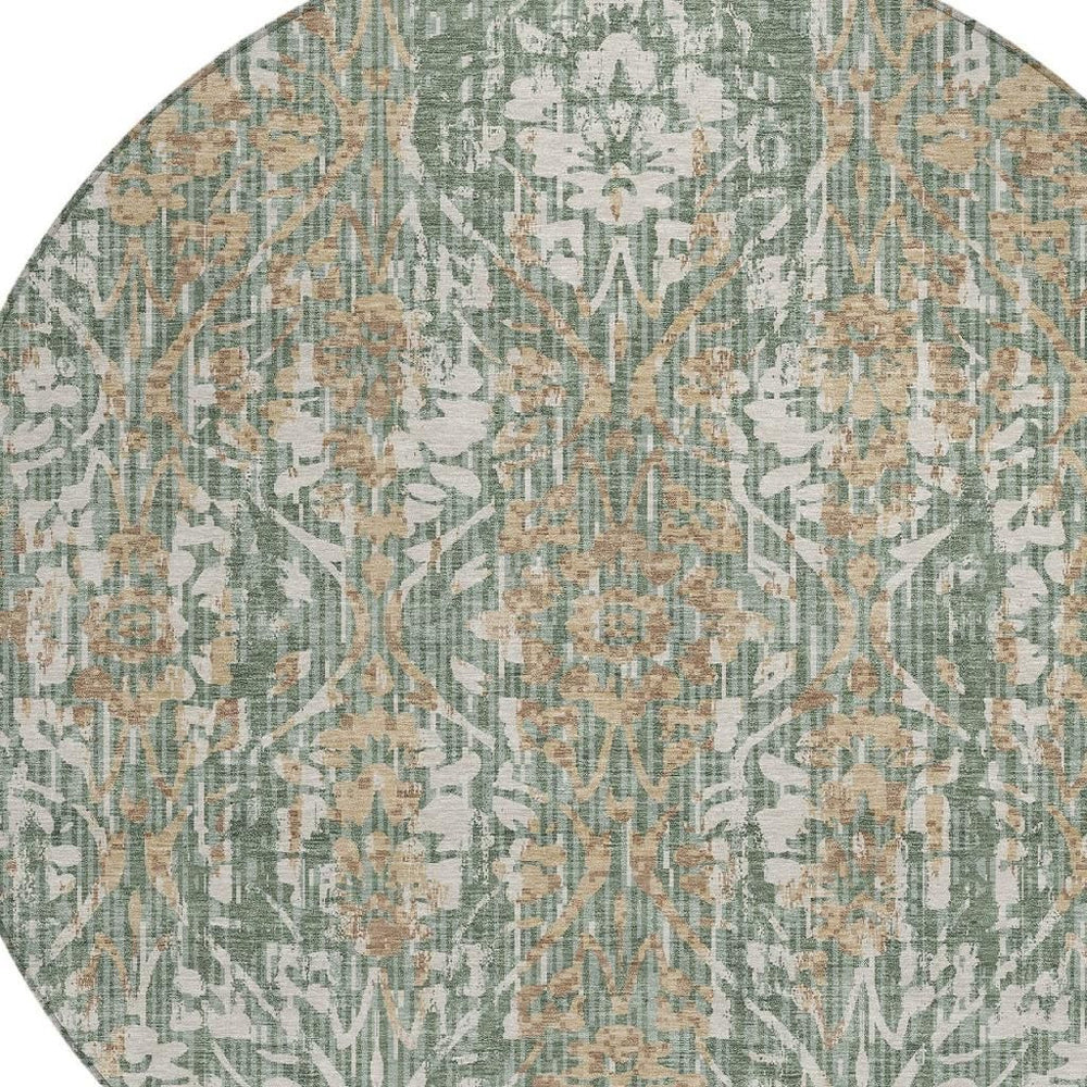 HomeRoots 8 Foot Round Damask Polyester Rug Washable Indoor Outdoor Green Sage Pattern 726787