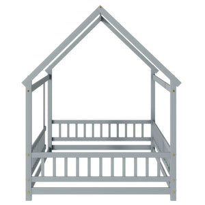 English Elm Full Size House Bed Frame With Roof, Safety Guardrails, Grey Finish - Perfect For Kids' Room Fun! W504P286407