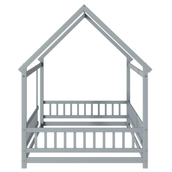 English Elm Full Size House Bed Frame With Roof, Safety Guardrails, Grey Finish - Perfect For Kids' Room Fun! W504P286407